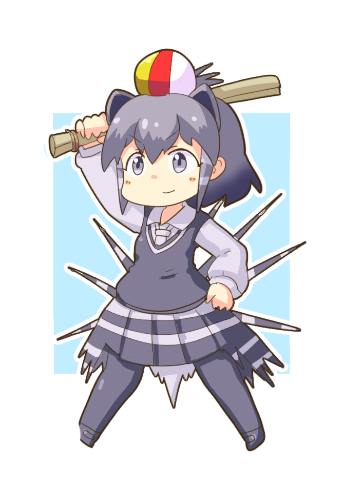 1girl, african_porcupine_(kemono_friends), balloon, black_hair, blush_stickers, grey_eyes, grey_hair, kemono_friends