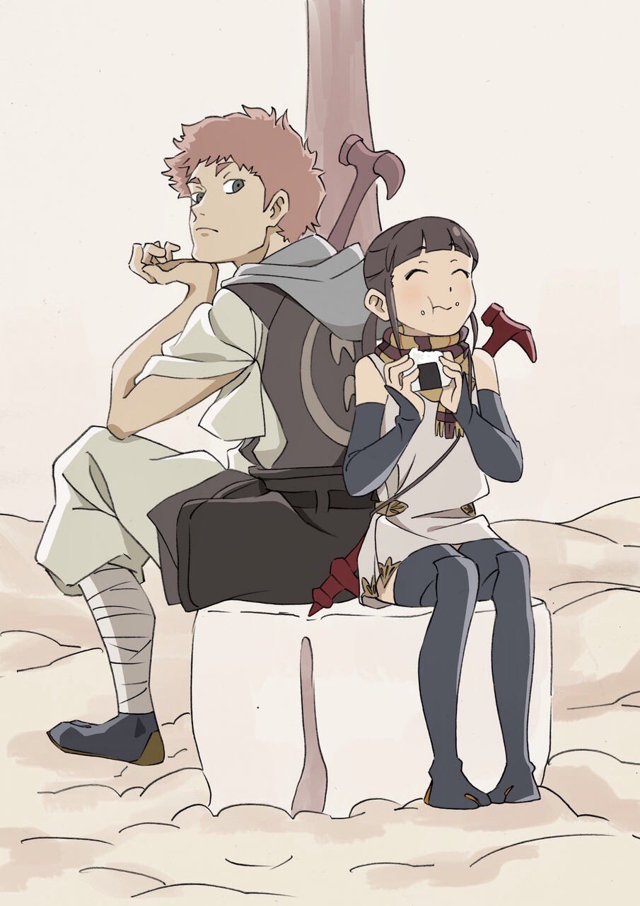 1boy, 1girl, arai_hiroki, bangs, blunt_bangs, chin_rest, closed_eyes, eating