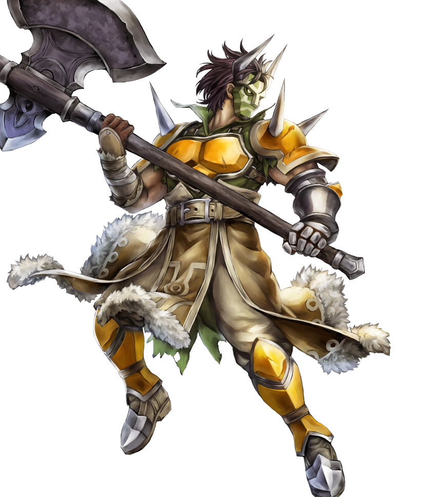 1boy, armor, belt, brown_hair, fire_emblem, fire_emblem:_mystery_of_the_emblem, fire_emblem_heroes, full_body, fur_trim, gauntlets, highres, male_focus, mask, muscle, official_art, pants, pauldrons, roro_(fire_emblem), short_hair, short_sleeves, solo, transparent_background
