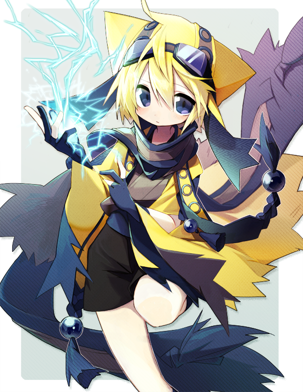 ameko-107, androgynous, blonde_hair, blue_eyes, electricity, galvantula, gloves, goggles