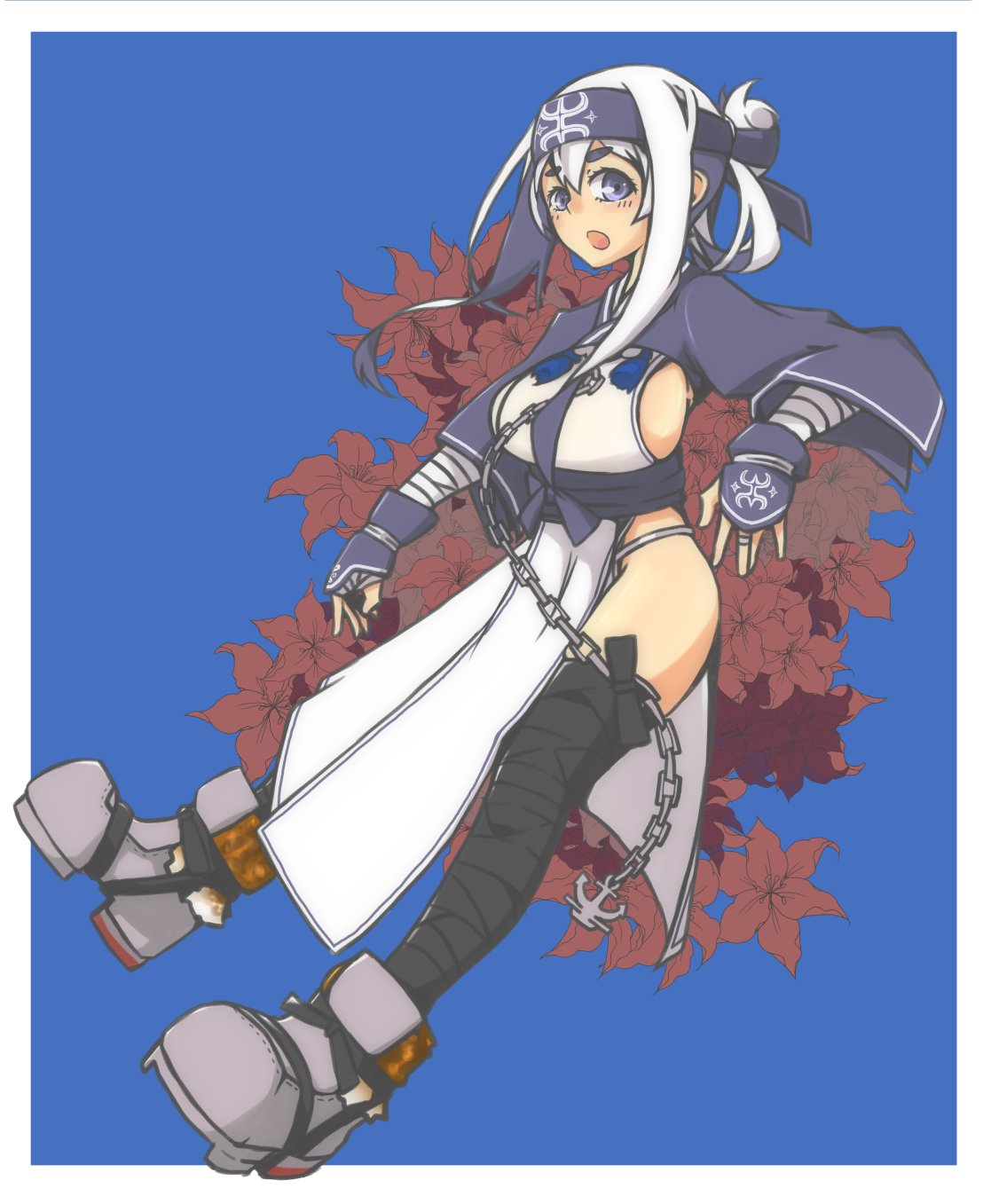10s, 1girl, ainu_clothes, black_legwear, blue_background, blue_eyes, boots, chains