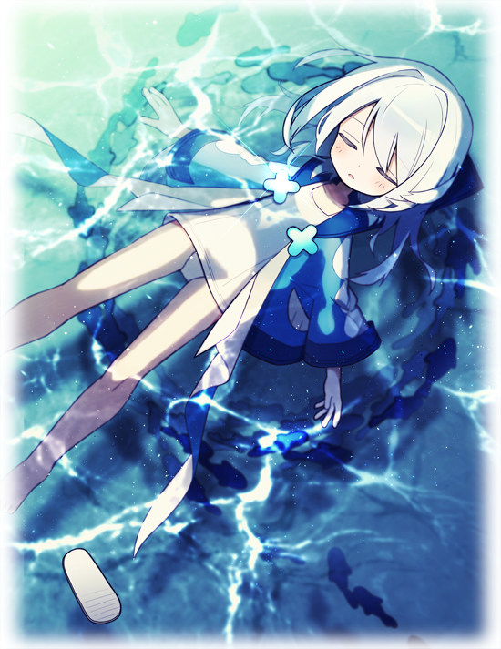 1girl, afloat, ameko-107, closed_eyes, facing_viewer, flip-flops, from_above, personification
