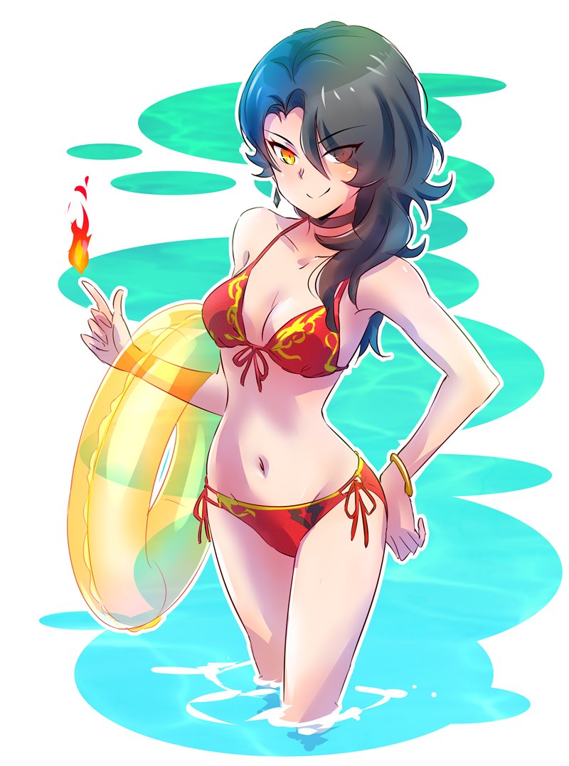 1girl, bikini, black_hair, bracelet, breasts, choker, cinder_fall, cleavage, earrings, fire, iesupa, innertube, jessica_nigri, jewelry, long_hair, looking_at_viewer, medium_breasts, navel, orange_eyes, pointing, red_swimsuit, rwby, seiyuu_connection, smile, solo, standing, string_panties, swimsuit, water