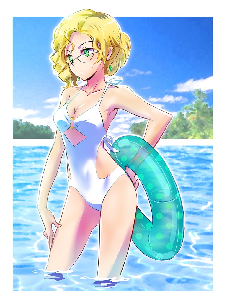 1girl, blonde_hair, breasts, casual, casual_one-piece_swimsuit, cleavage, contrapposto, earrings