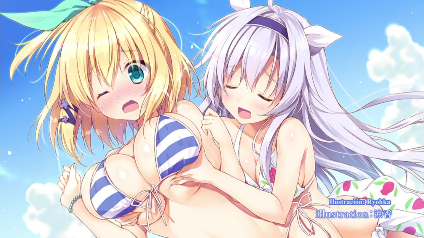 2girls, ahoge, animal_ears, bangs, beach, bikini, blonde_hair, blue_bikini