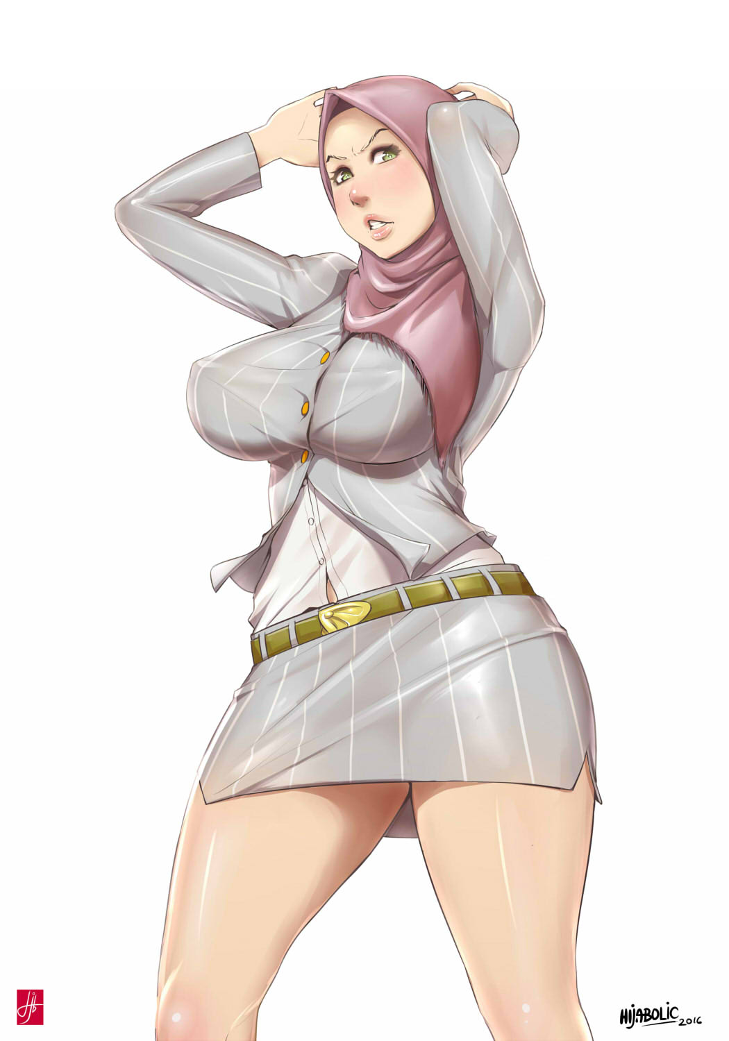 1girl, 2016, artist_name, belt, blush, breasts, formal, green_eyes