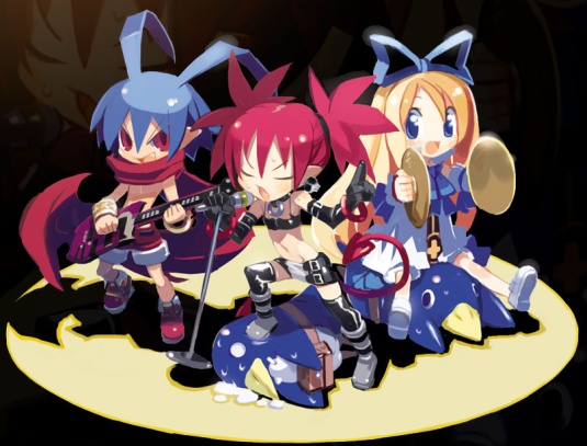 blonde_hair, blue_eyes, blue_hair, bow, cape, cymbals, demon, demon_girl