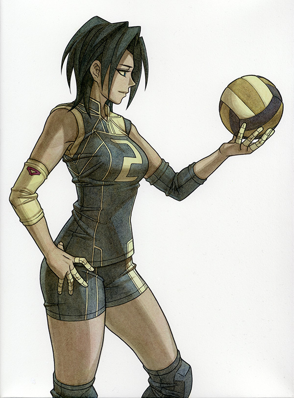 1girl, ball, bandage, black_hair, green_eyes, knee_pads, nihonbashi_yowoko, official_art
