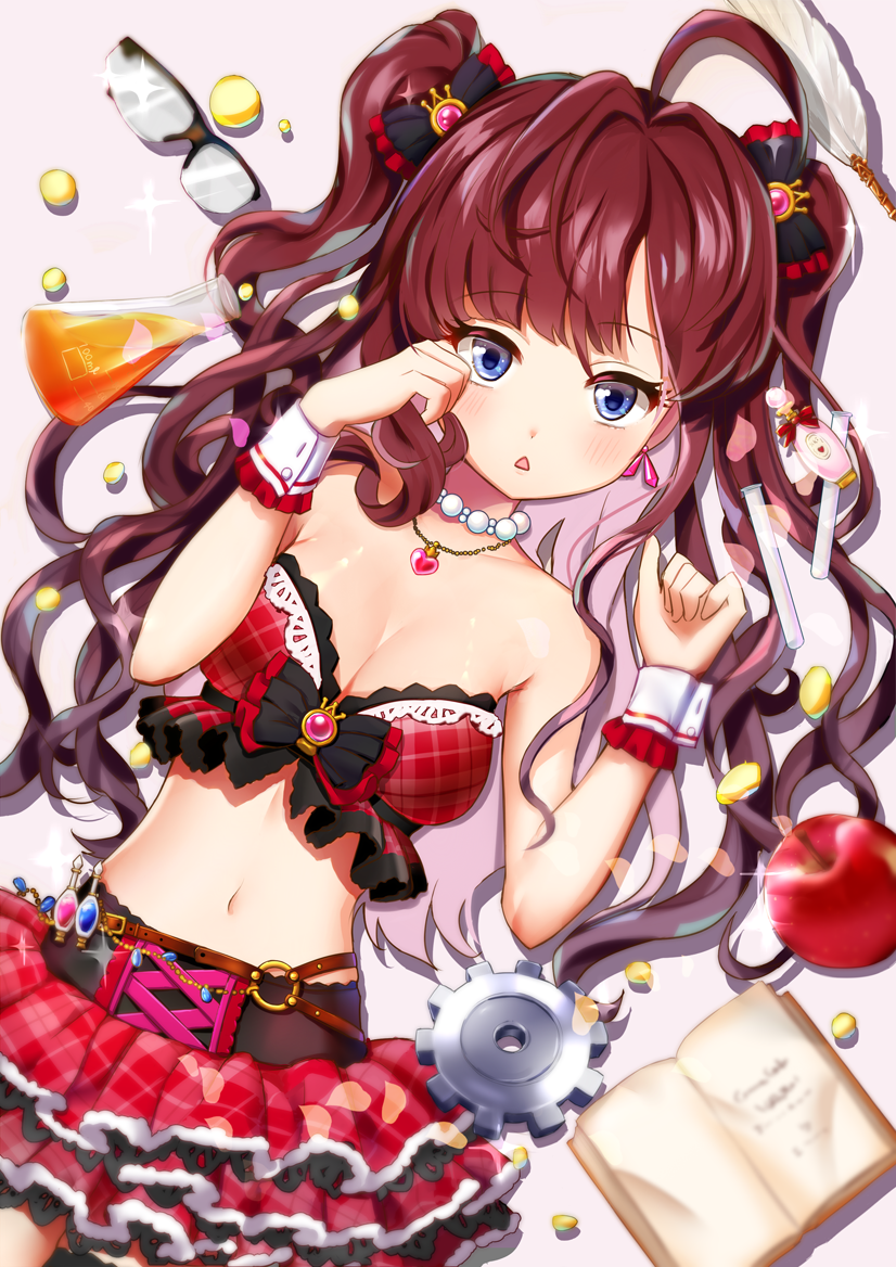 1girl, ahoge, bare_shoulders, blue_eyes, breasts, brown_hair, cleavage, curry_korokke, earrings, glasses, hair_ornament, hair_ribbon, ichinose_shiki, idolmaster, idolmaster_cinderella_girls, idolmaster_cinderella_girls_starlight_stage, jewelry, long_hair, looking_at_viewer, medium_breasts, navel, necklace, ribbon, smile, wavy_hair