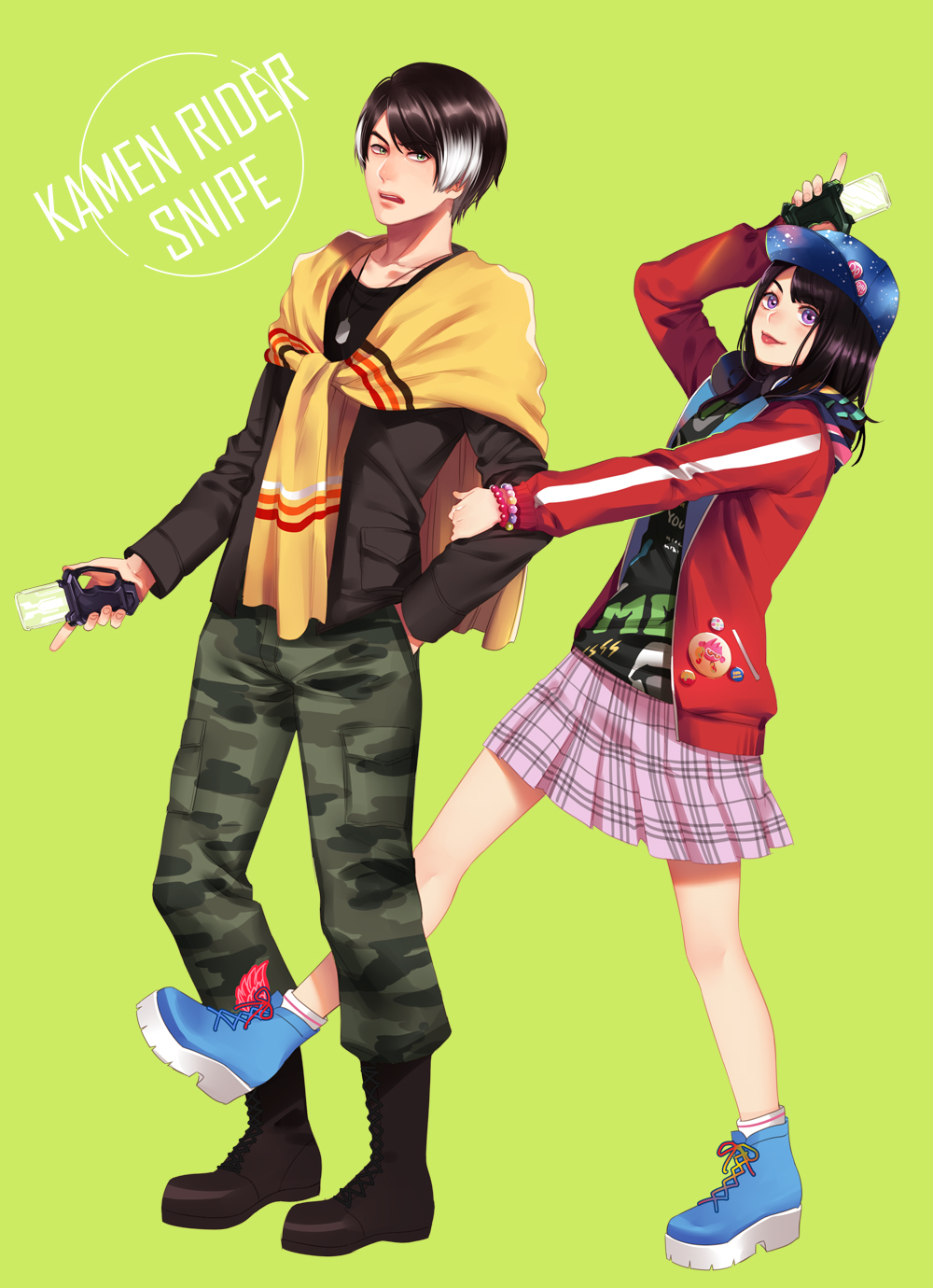 1boy, 1girl, bead_bracelet, beads, black_hair, boots, bracelet, brown_boots