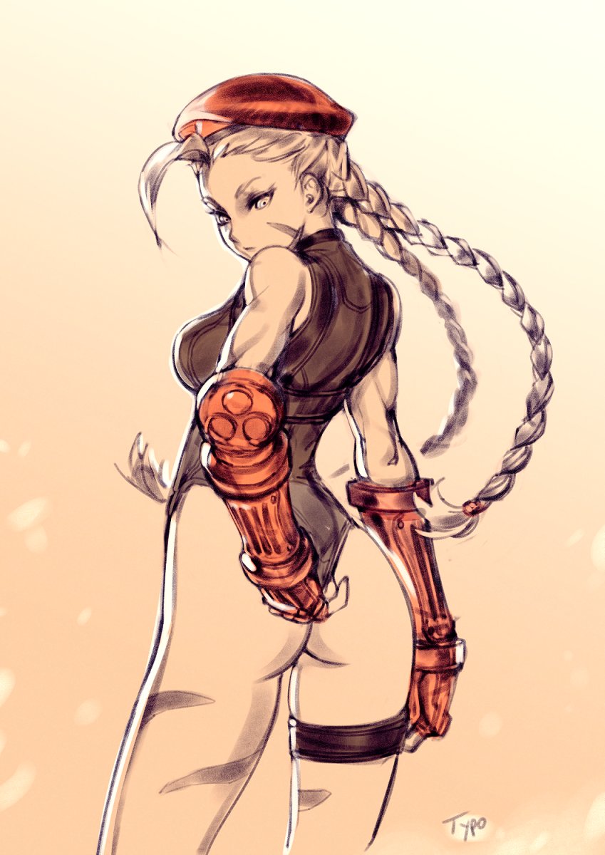 1girl, adjusting_clothes, adjusting_leotard, ass, beret, breasts, cammy_white, elbow_gloves