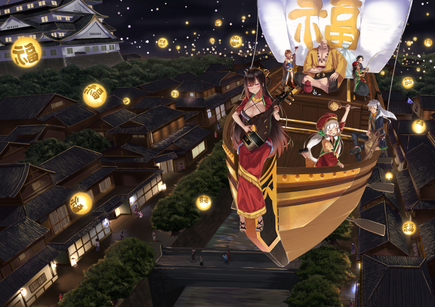 >_<, 3boys, 4girls, absurdres, airship, black_hair, blue_eyes, blush, bowl, breasts, brown_hair, cleavage, closed_eyes, eyebrows_visible_through_hair, fishing, fishing_line, fishing_rod, hair_bobbles, hair_ornament, haru_to_neru_(act_partner), hat, highres, holding, holding_bowl, holding_fishing_rod, holding_instrument, house, jewelry, kneeling, ladder, lantern, large_breasts, legs_crossed, long_hair, looking_at_another, looking_at_viewer, looking_away, multicolored_hair, multiple_boys, multiple_girls, necklace, open_mouth, orange_eyes, original, pink_eyes, red_hat, redhead, sack, sail, sandals, seven_lucky_gods, silver_hair, smile, translation_request, twintails, two-tone_hair, white_hair, yellow_eyes