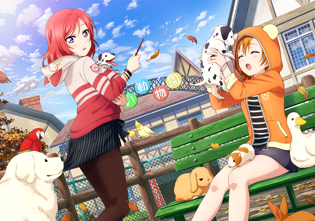 2girls, :o, animal, animal_hood, artist_request, autumn_leaves, bangs, bench