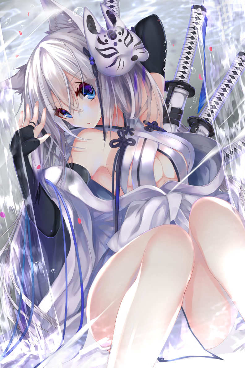 1girl, animal_ears, bare_legs, bare_shoulders, bent_knees, black_gloves, blue_eyes, blush