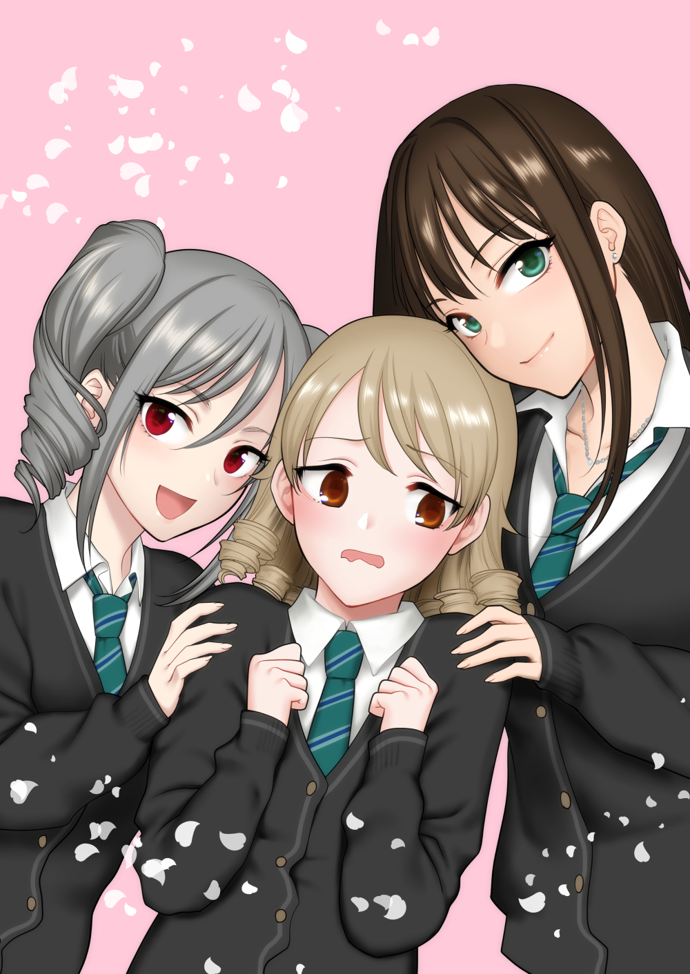 3girls, blush, brown_eyes, brown_hair, cardigan, cosplay, drill_hair, highres