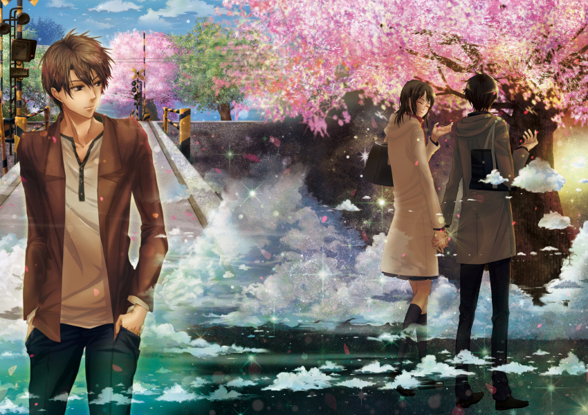 1girl, 2boys, 5_centimeters_per_second, bag, black_legwear, brown_eyes, brown_hair, cherry_blossoms