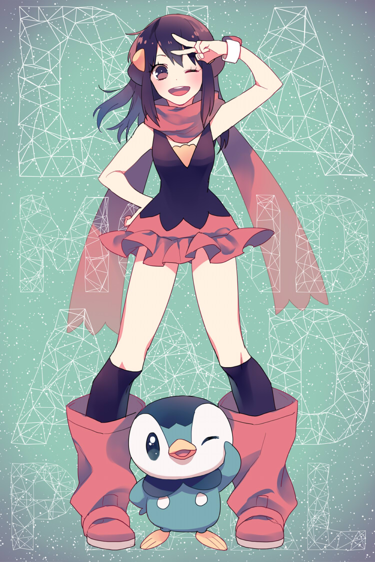 1girl, ;d, black_hair, black_legwear, copyright_name, float, floating_hair, full_body, glasses, gum_(gmng), hair_ornament, hand_on_hip, hikari_(pokemon), kneehighs, long_hair, miniskirt, one_eye_closed, open_mouth, piplup, pokemon, pokemon_(creature), pokemon_(game), pokemon_dppt, red_skirt, round_glasses, skirt, sleeveless, smile, standing, v