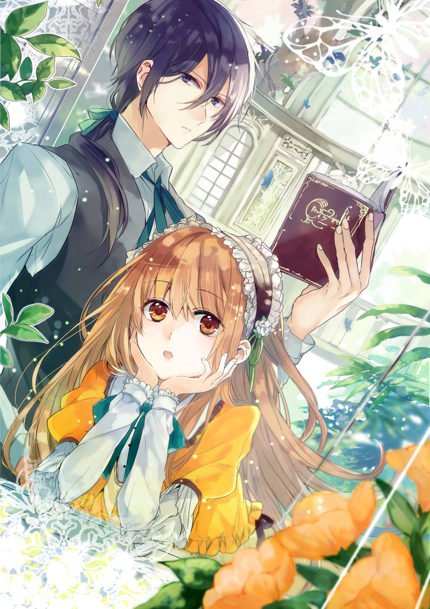 1boy, 1girl, absurdres, black_hair, blue_eyes, book, brown_hair, butler