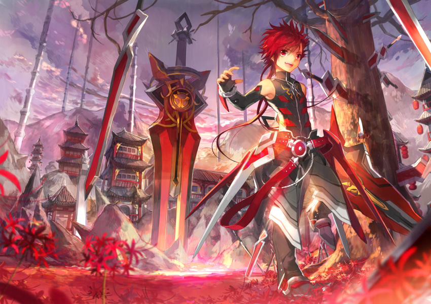 1boy, architecture, clouds, cloudy_sky, day, east_asian_architecture, elbow_gloves, elsword