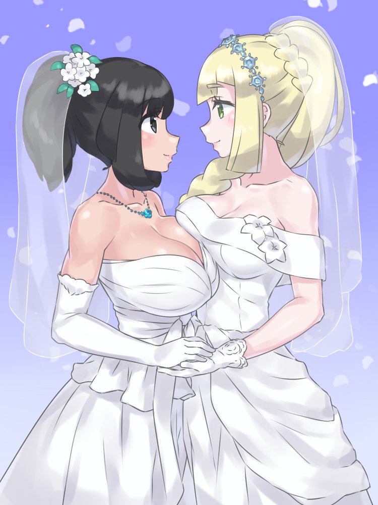 bangs, black_eyes, black_hair, blonde_hair, braid, breasts, bridal_veil, bride
