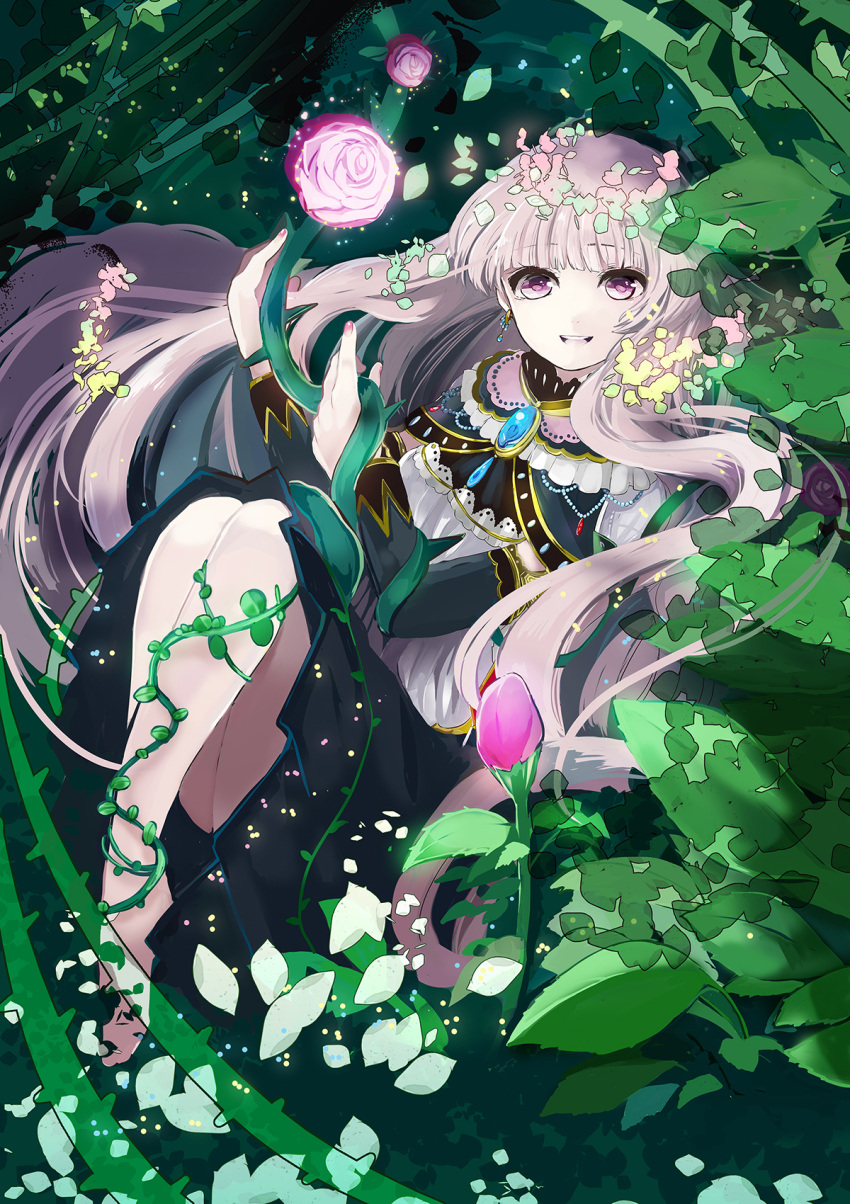 1girl, :d, barefoot, black_dress, dress, eyebrows_visible_through_hair, floating_hair, gem