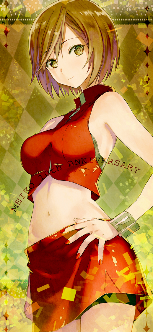 1girl, anniversary, argyle, argyle_background, breasts, brown_hair, character_name, crop_top