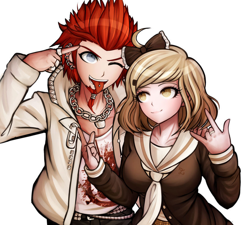 1boy, 1girl, blonde_hair, bow, chain_necklace, chains, cousins, dangan_ronpa