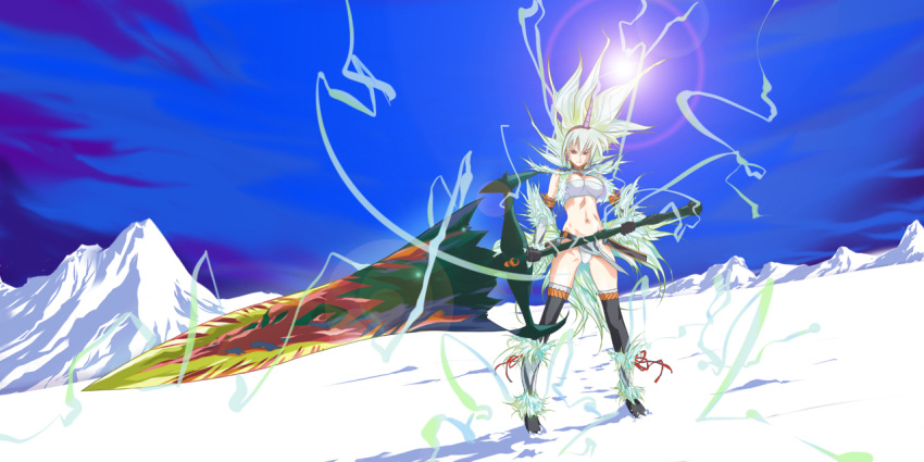 bandeau, elbow_gloves, gloves, horn, horns, huge_sword, huge_weapon, ki