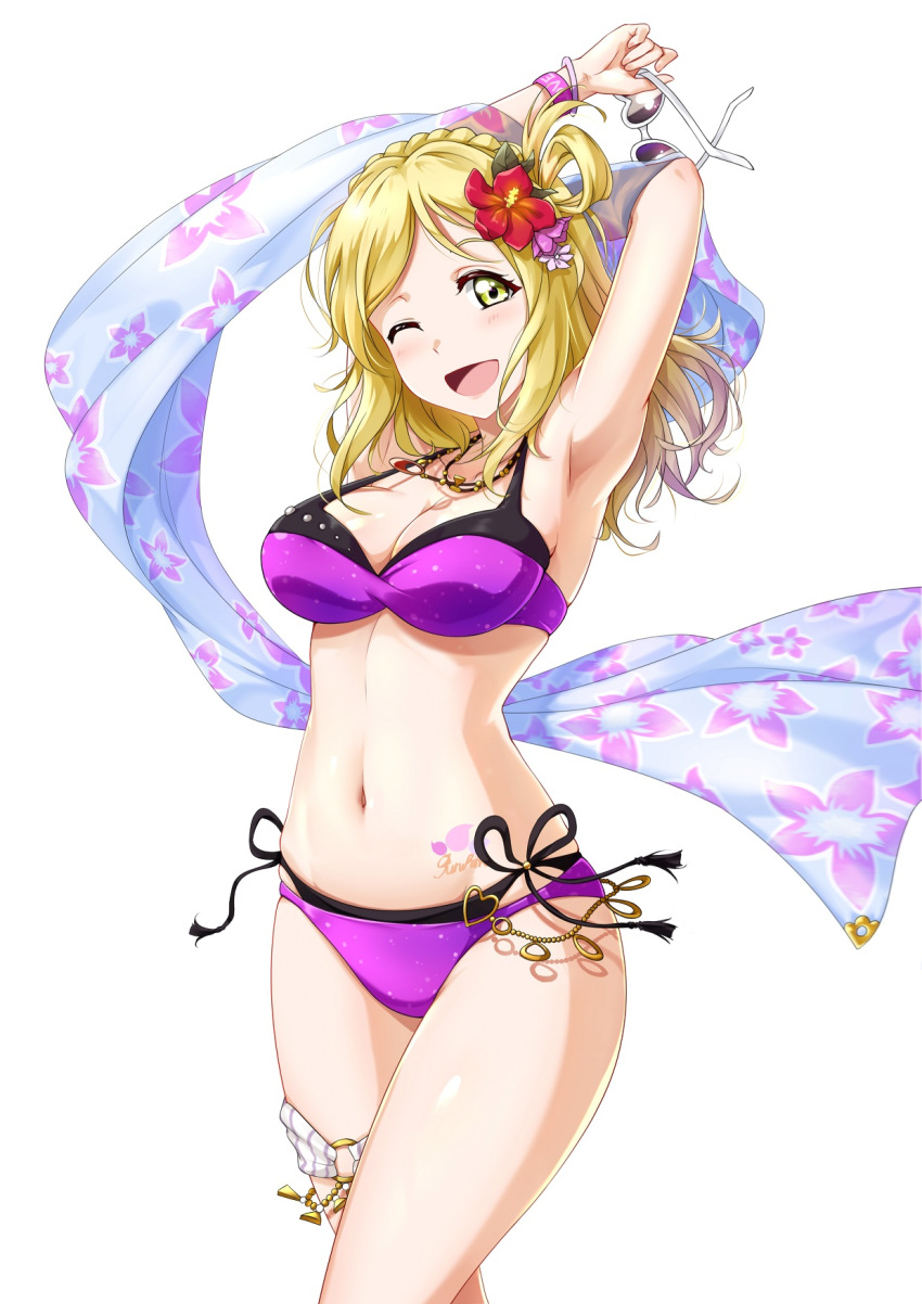 1girl, armpits, arms_behind_head, arms_up, bikini, blonde_hair, blush, braid