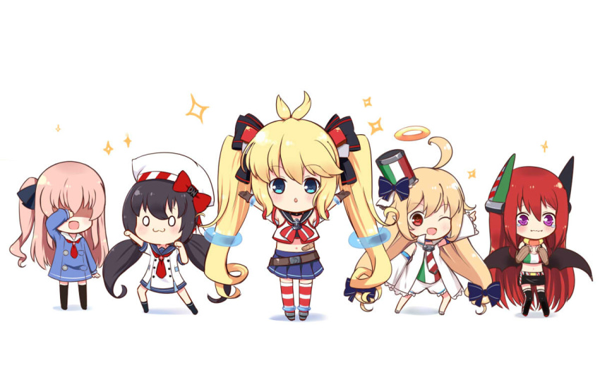 5girls, ahoge, andrea_doria_(zhan_jian_shao_nyu), antonio_da_noli_(zhan_jian_shao_nyu), arms_up, aviere_(zhan_jian_shao_nyu), bow, camicia_nera_(zhan_jian_shao_nyu)
