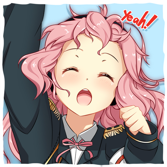 1girl, ^_^, ^o^, arm_up, black_jacket, blue_background, clenched_hand, closed_eyes