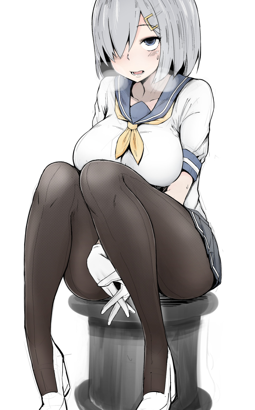 10s, 1girl, absurdres, bangs, between_legs, black_skirt, blue_eyes, blush, breasts, breath, brown_legwear, commentary_request, eyebrows_visible_through_hair, freedom_nakai, full_body, gloves, hair_ornament, hair_over_one_eye, hairclip, hamakaze_(kantai_collection), hand_between_legs, highres, interlocked_fingers, kantai_collection, large_breasts, looking_up, necktie, one_eye_covered, open_mouth, own_hands_together, pantyhose, pleated_skirt, school_uniform, serafuku, shoes, short_hair, short_sleeves, silver_hair, simple_background, sitting, sitting_on_object, skirt, solo, sweat, white_background, white_gloves, white_shoes
