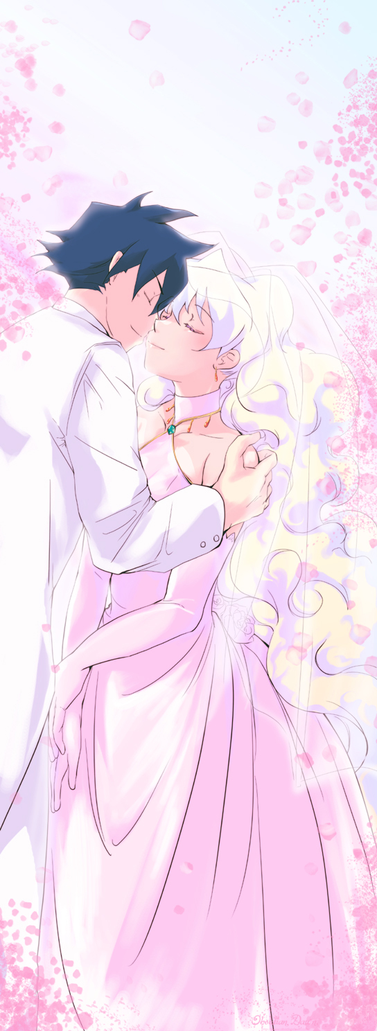 1girl, bad_id, black_hair, blush, bridal_veil, bride, closed_eyes, couple