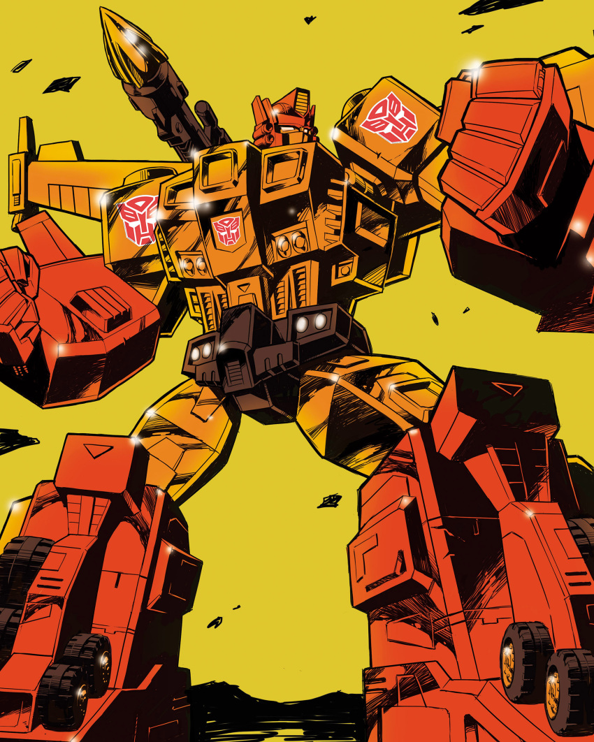 1boy, 80s, armor, artist_request, autobot, burning, cannon, clenched_hands