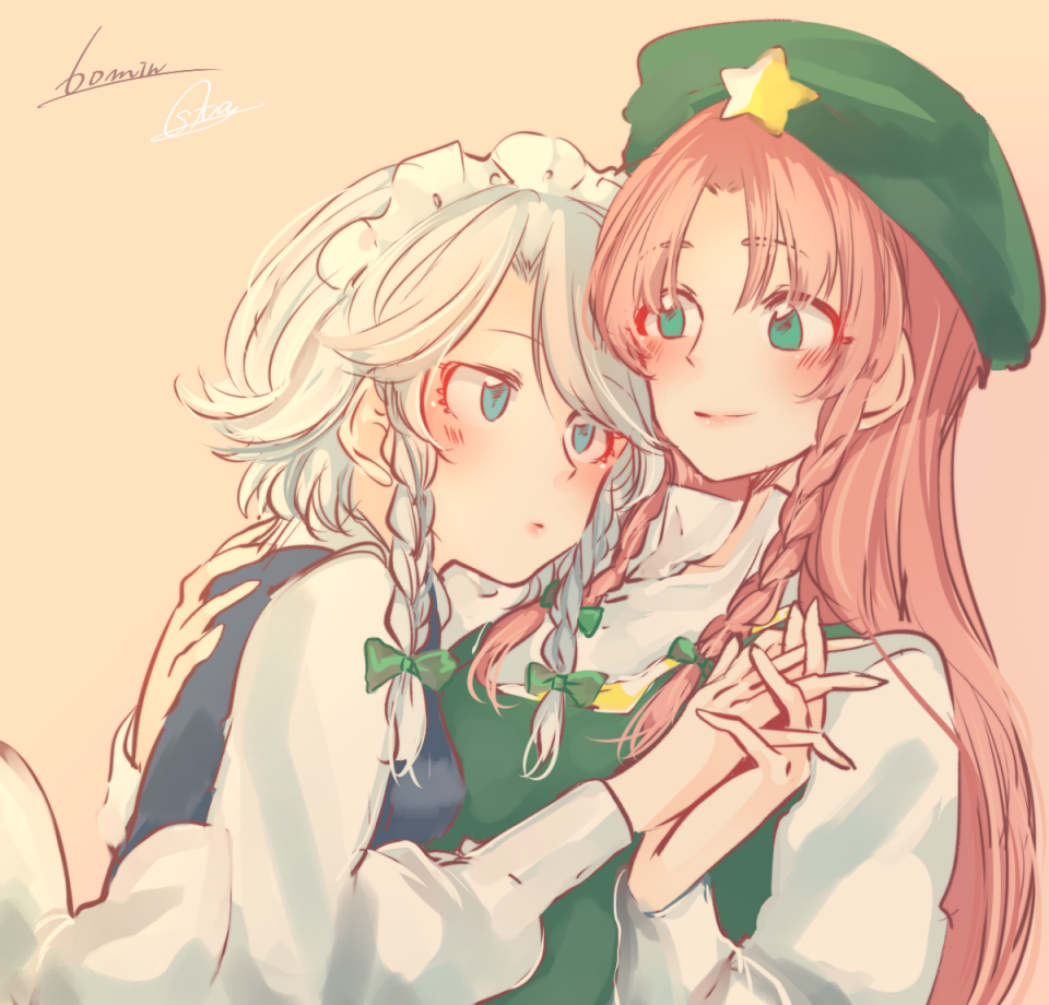 2girls, blue_eyes, blush, braid, expressionless, green_eyes, hand_holding, hat, hong_meiling, hug, interlocked_fingers, izayoi_sakuya, jitome, lipstick, long_hair, maid, maid_headdress, makeup, multiple_girls, redhead, short_hair, smile, solo_focus, souta_(karasu_no_ouchi), touhou, twin_braids, white_hair, yuri