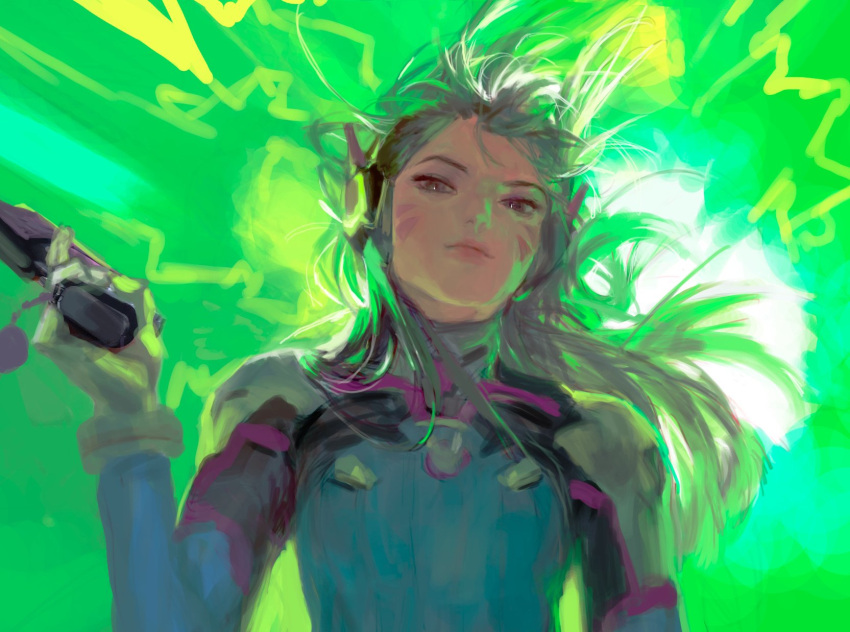 1girl, blue_bodysuit, bodysuit, brown_eyes, brown_hair, closed_mouth, commentary, d.va_(overwatch)