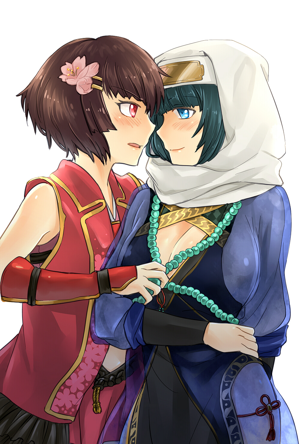 2girls, bai_lao_shu, blue_eyes, breasts, brown_hair, cleavage_cutout, flower, green_hair