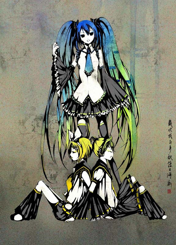 blue_hair, detached_sleeves, hatsune_miku, kagamine_len, kagamine_rin, katari_biumi, long_hair, necktie, short_hair, skirt, thigh-highs, thighhighs, twintails, very_long_hair, vocaloid