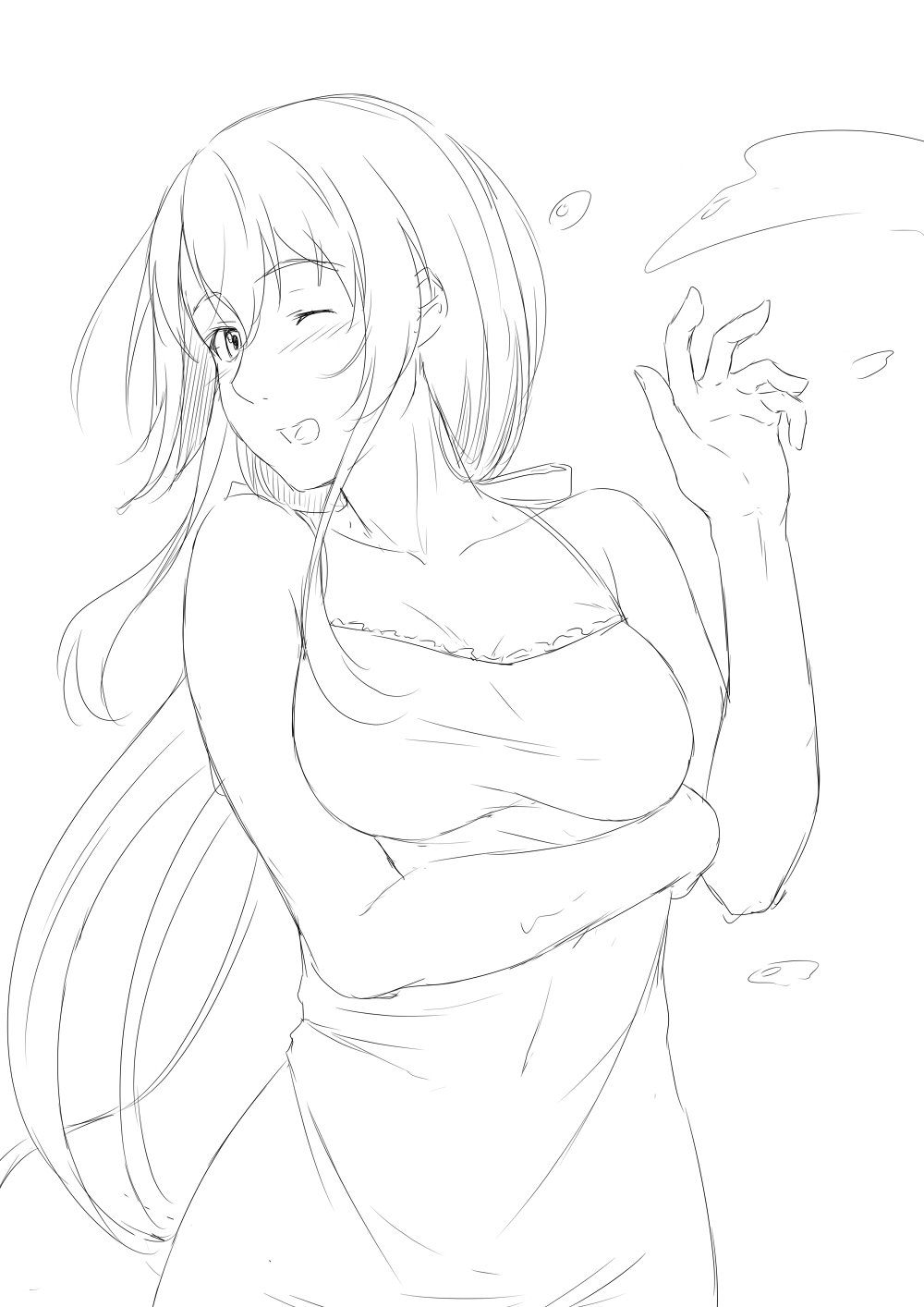 10s, 1girl, breast_hold, breasts, casual, cleavage, commentary, dress