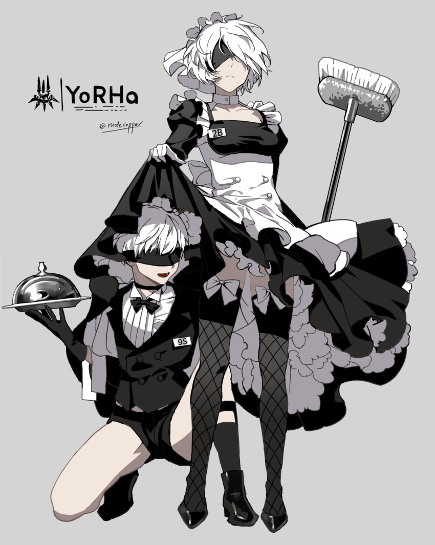 alternate_costume, apron, blindfold, broom, dress, fishnet_legwear, fishnets, frills
