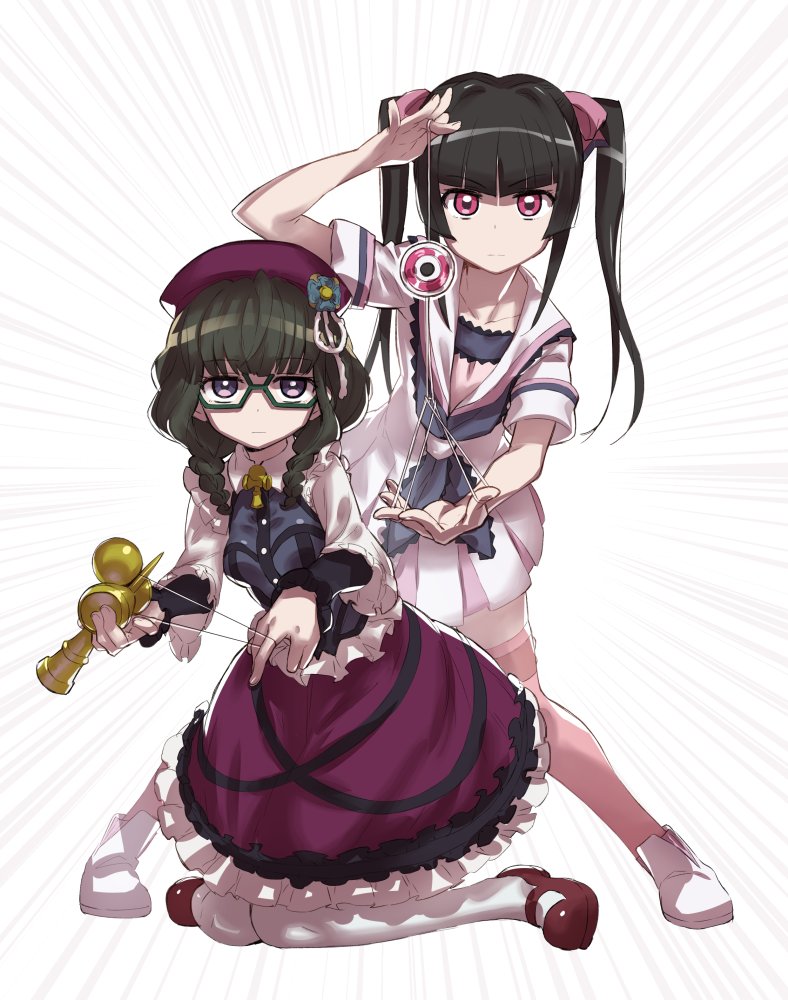 2girls, black_hair, braid, breasts, closed_mouth, commentary_request, dress, emphasis_lines