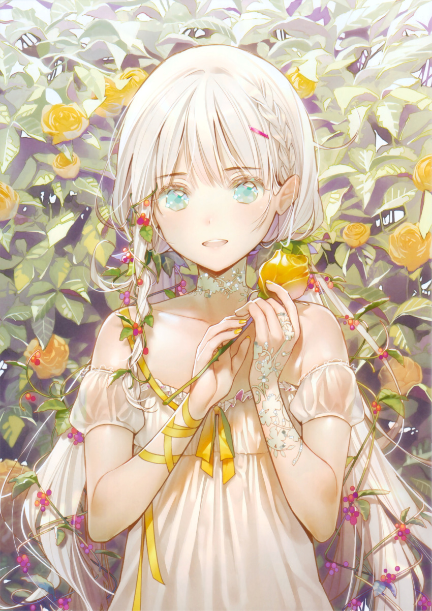 1girl, absurdres, aqua_eyes, bangs, bare_shoulders, braid, choker, detached_sleeves
