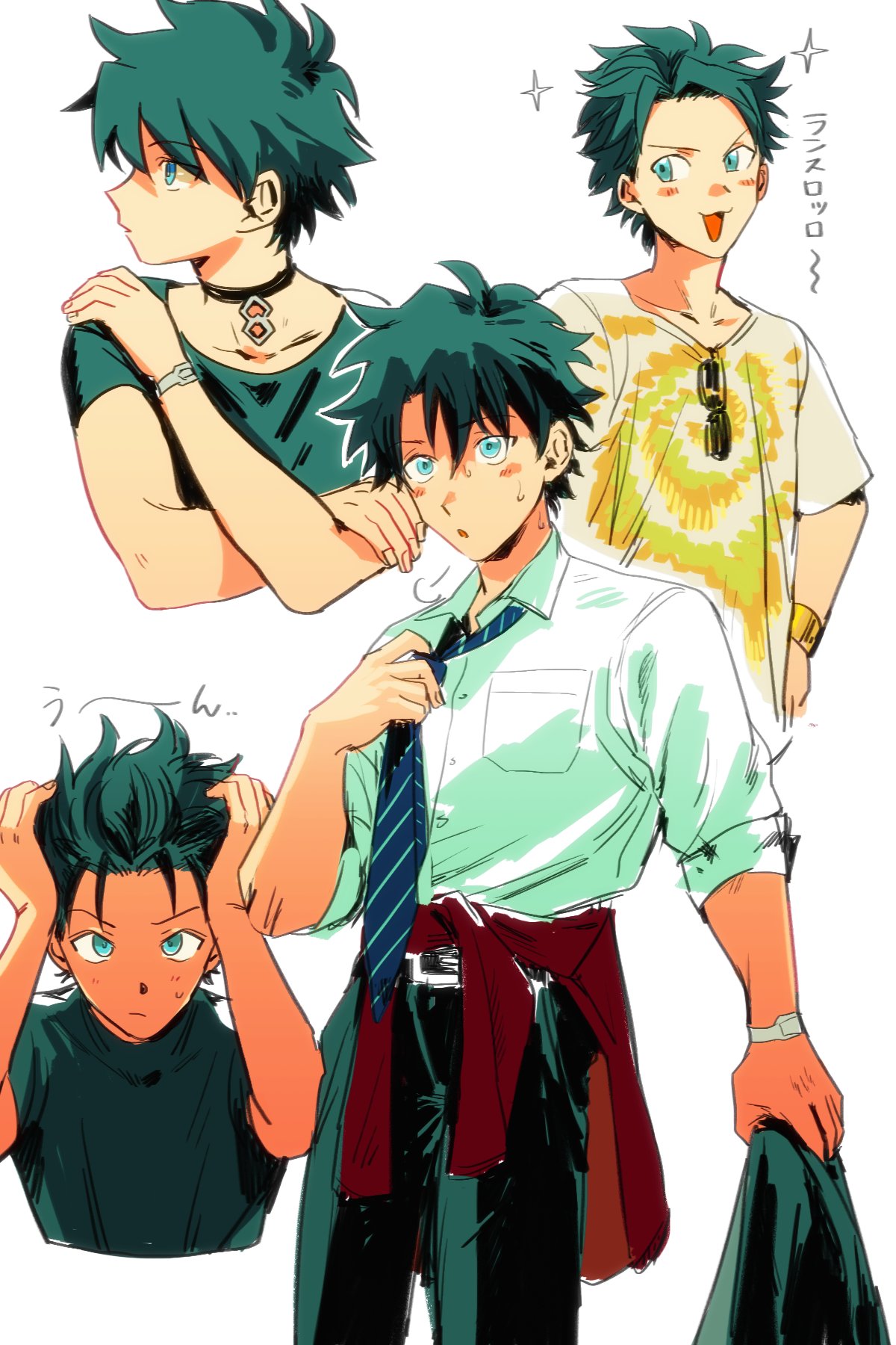 1boy, alternate_costume, alternate_hairstyle, black_hair, black_shirt, blue_eyes, blue_necktie, choker