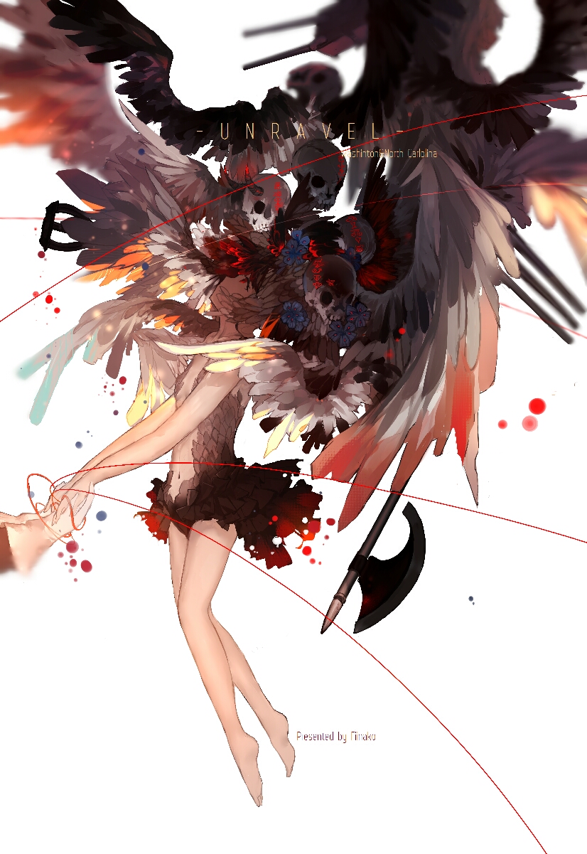1girl, bare_arms, bare_legs, black_wings, blue_flower, cannon, character_name, english, feathered_wings, floating, from_side, halberd, hand_holding, highres, knees_together_feet_apart, looking_afar, looking_up, machinery, navel, north_carolina_(zhan_jian_shao_nyu), polearm, profile, red_eyes, red_string, shadow, short_hair, skirt, skull, solo, spot_color, spread_wings, string, torn_clothes, torn_skirt, weapon, white_background, wings, yi_yu, zhan_jian_shao_nyu