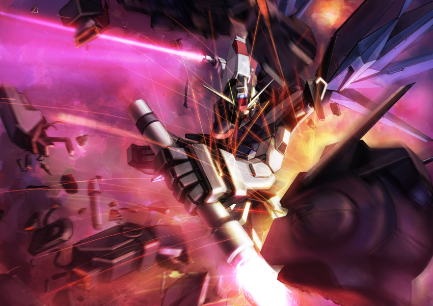 battle, beam_saber, energy_sword, explosion, freedom_gundam, gundam, gundam_seed, mecha