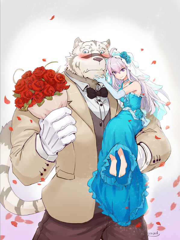 1boy, 1girl, barefoot, blue_dress, blue_eyes, blush, bouquet, bridal_veil