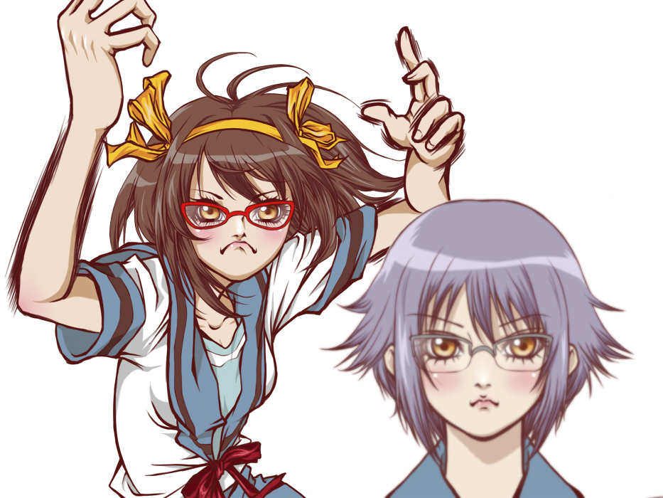 asuka_asuka, crazy_frog_brothers, dancing, eyelashes, gates, glasses, meme, multiple_girls, nagato_yuki, parody, school_uniform, serafuku, simple_background, spidy-r1, suzumiya_haruhi, suzumiya_haruhi_no_yuuutsu, white_background