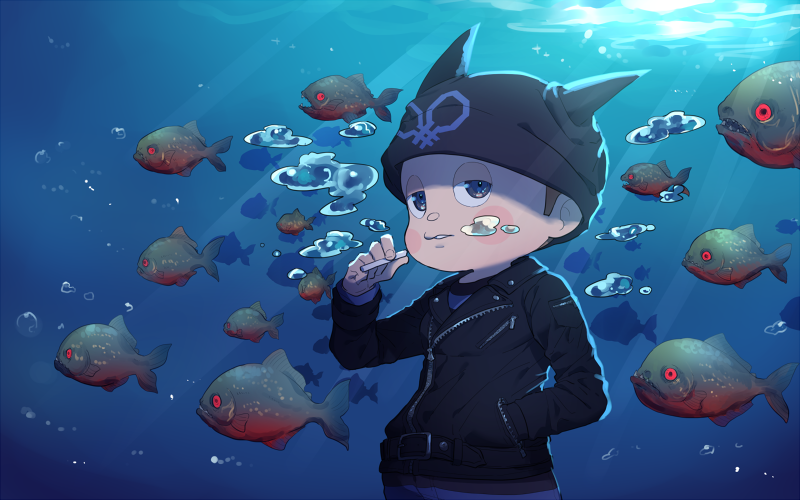 1boy, blue_eyes, blush_stickers, brown_hair, bubble, cat_hat, cigarette, dangan_ronpa