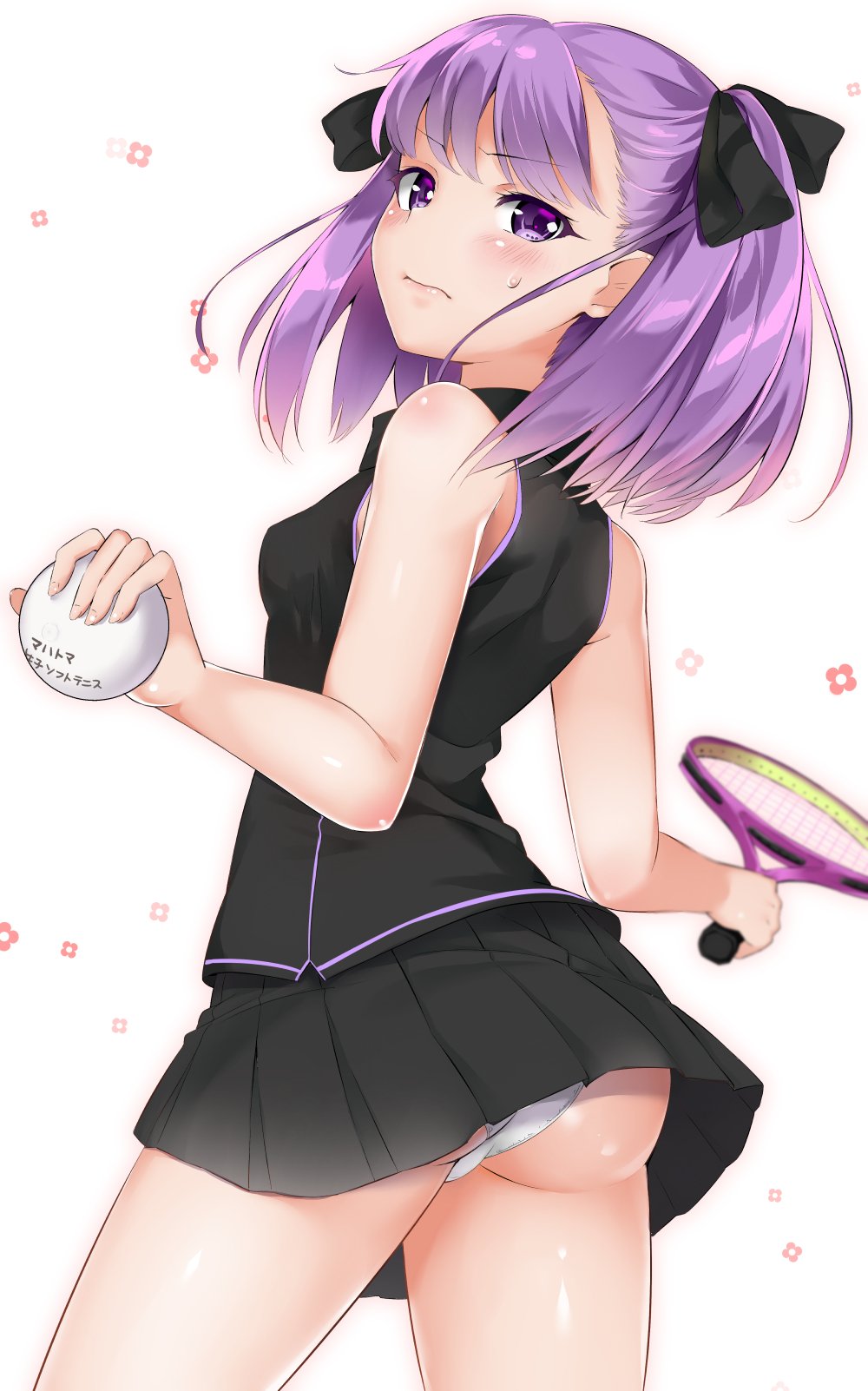 1girl, ass, back, ball, bangs, bare_arms, bare_shoulders, black_ribbon