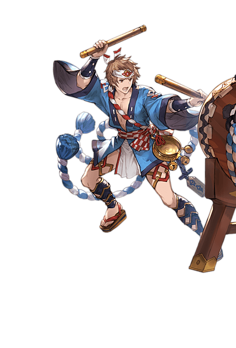 1boy, arm_guards, bell, brown_eyes, brown_hair, collarbone, drum_master_(granblue_fantasy), drumming
